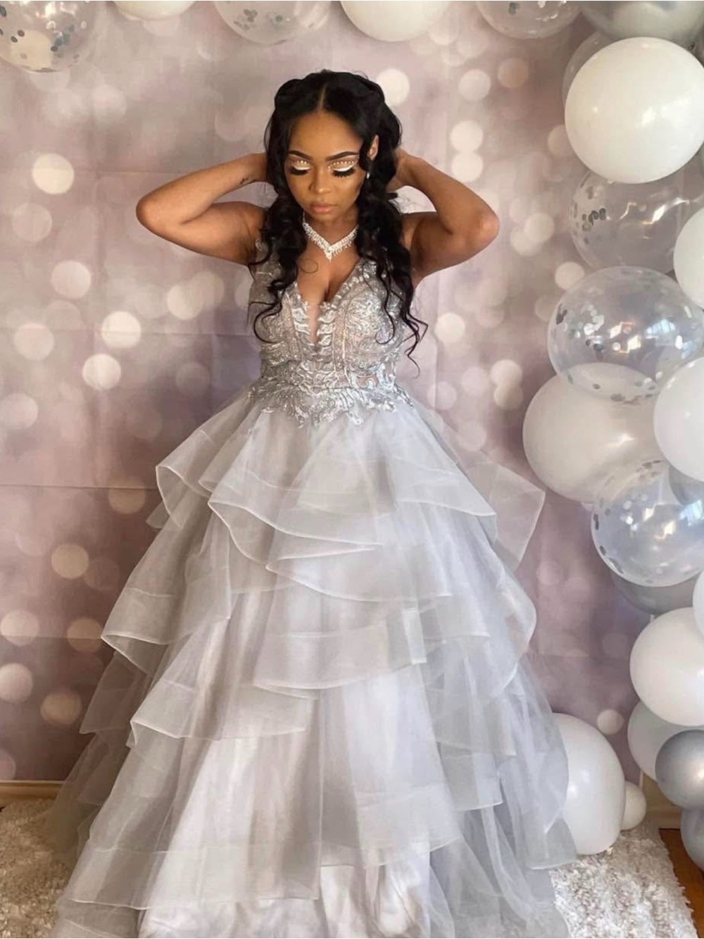 Silver Layered Tulle Prom Gown with Embellished Bodice